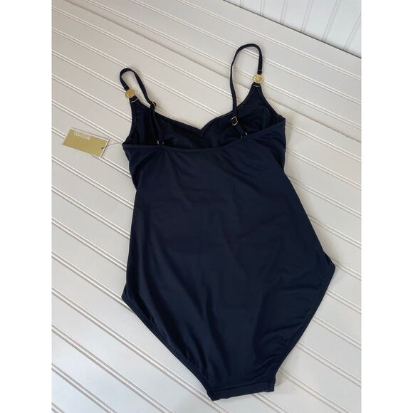 NWOT Michael Kors One Piece Swimsuit Black V-Neck Ruched Cinched 1-PC Swimsuit S - Picture 3 of 5